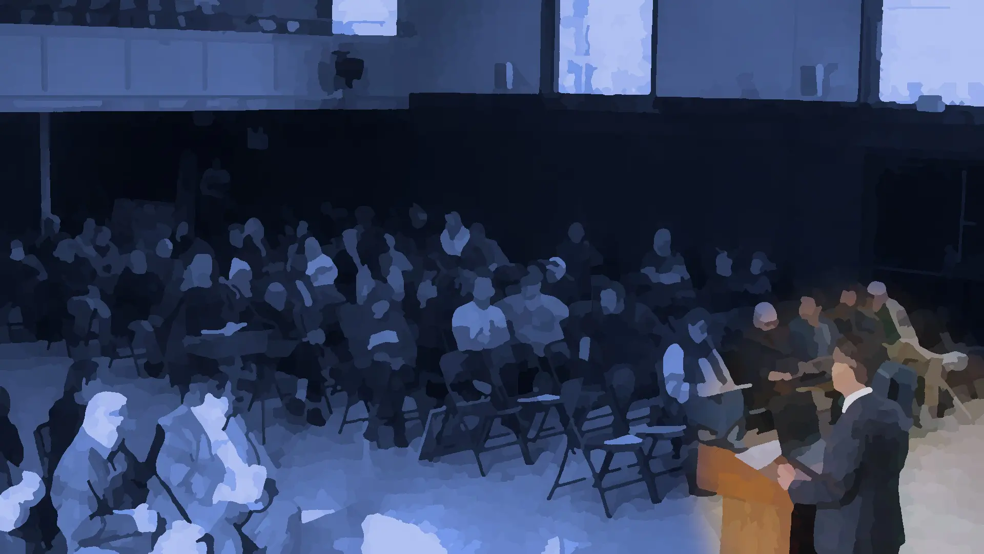 Photo of a public engagement session at Stoneham Town Hall with a painterly effect.