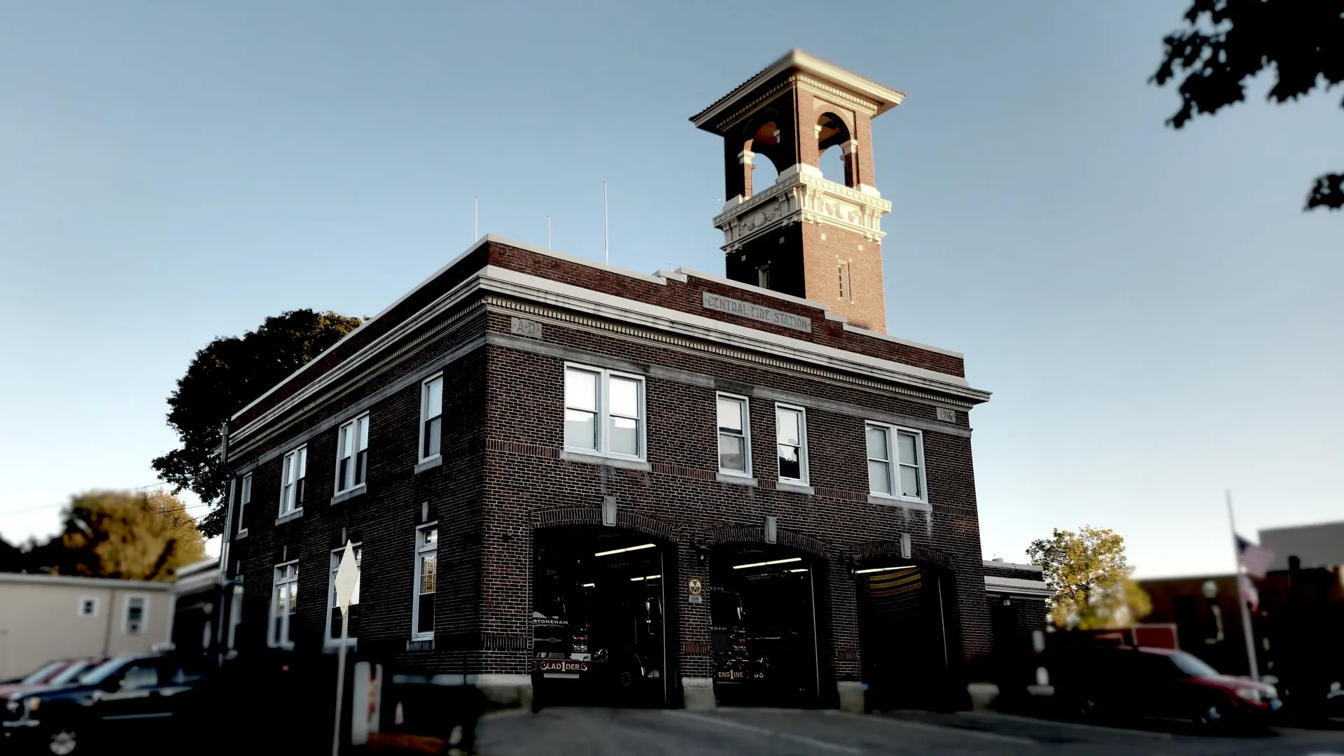 Photo of the Stoneham fire station with a tilt-shift effect applied.