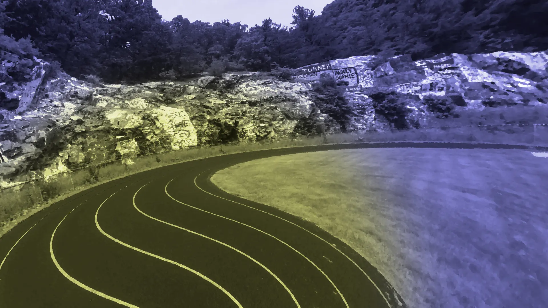 Photo of the Stoneham High School track and the graffiti wall behind it.
