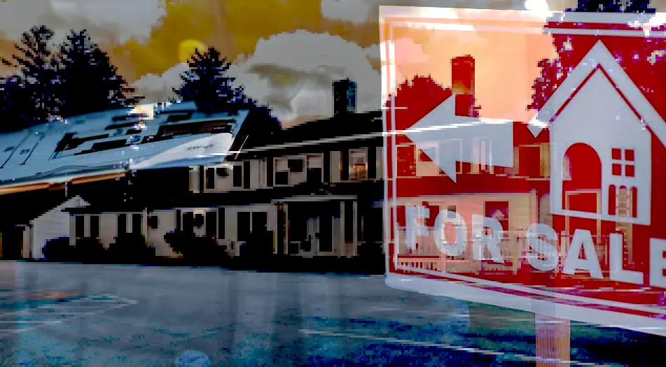 Photograph of the Arnold House with a 'For Sale' sign faded above it.