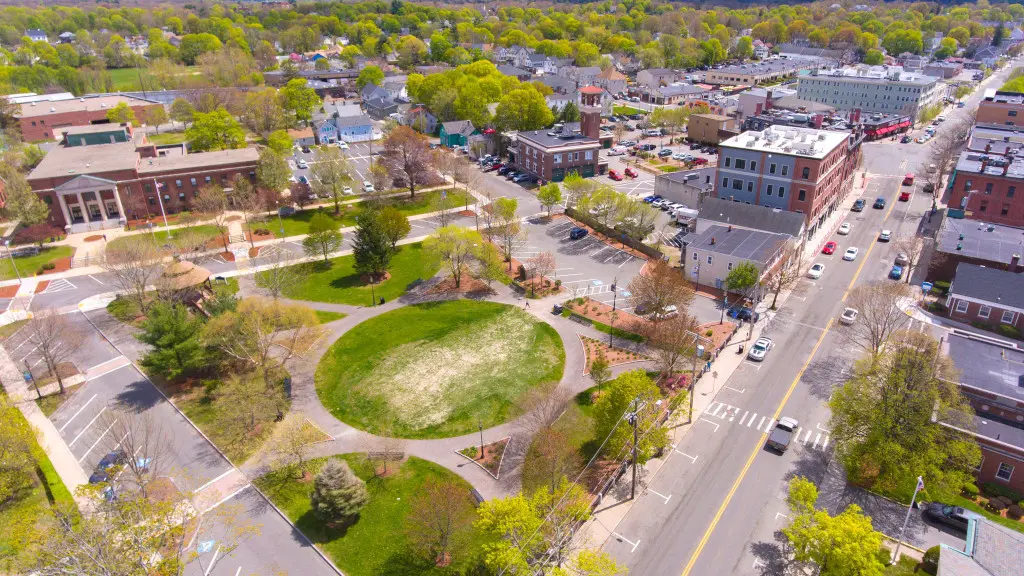 Aerial photo of Main Street in Stoneham, looking at the Town Common